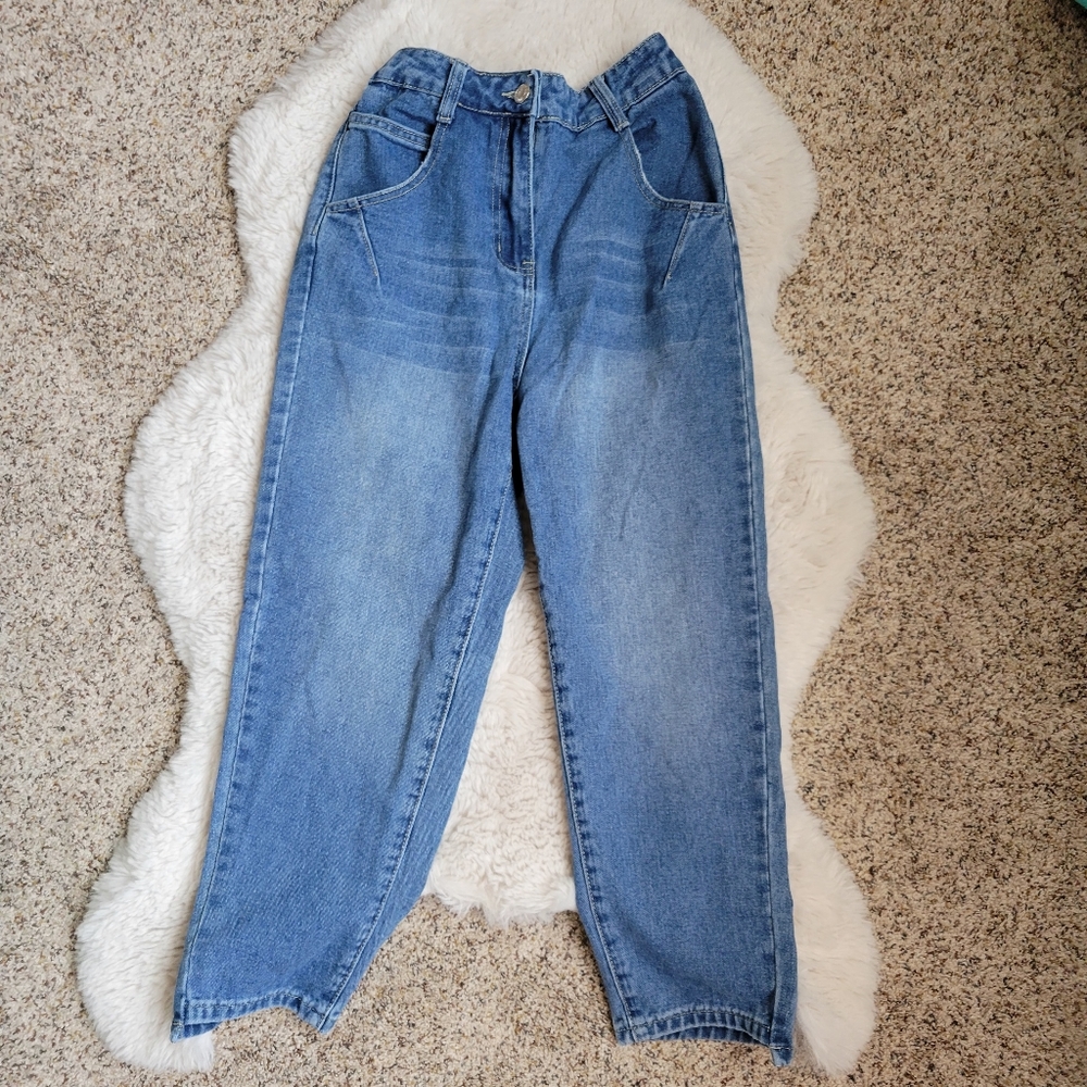 Blue cotton straight leg mom jeans Xs stretchy waist